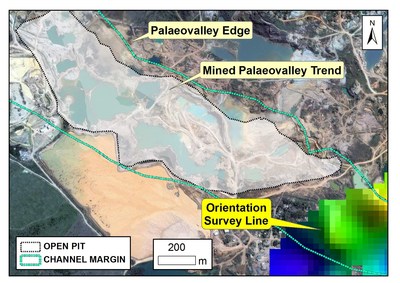Figure 3: Gridded data from a geophysical orientation survey section over the ESE extension of a palaeochannel. Mining activity (outlined) can be seen to terminate at an access road crossing the channel trend. The extension of the channel position is marked by deeper reflections in the GPR survey (yellow-green colouration). (CNW Group/Meridian Mining S.E.)
