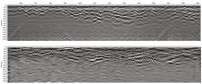 Figure 5: Examples of ground penetrating radar sections on regional traverses in the broader licence area, highlighting the characteristic signature of the stratification in untested channel positions. (CNW Group/Meridian Mining S.E.)
