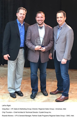 Left to Right: Greg Baur- VP, Sales & Marketing Group; Director, Regional Sales Group- Americas, Intel Chip Thurston- Chief Architect & Technical Director, Crystal Group Inc. Ricardo Moreno- VP & General Manager, Partner Scale Programs Regional Sales Group- SMG, Intel.