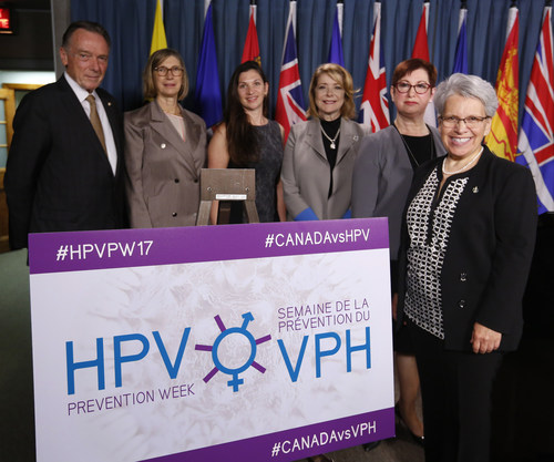Leading healthcare providers, patient organizations and Members of Parliament gathered today on Parliament Hill to mark the announcement that Canada has become the first country in the world to declare a HPV Prevention Week, which will be held from October 1-7, 2017.  (From left to right): The Honourable Peter Kent, Member of Parliament for Thornhill; Dr. Jennifer Blake, Chief Executive Officer, Society of Obstetricians and Gynecologists of Canada; Michelle, Patient with cervical cancer, and HPV-related cancer; Dr. Vivien Brown, Past National President, Federation of Medical Women of Canada; Dr. Monique Bertrand, Past President, Society of Canadian Colposcopists; and Brigitte Sansoucy, Member of Parliament for Saint-Hyacinthe-Bagot. (CNW Group/Federation of Medical Women of Canada (FMWC))