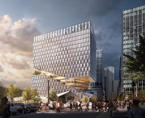 Rendering of 88 Seaport Boulevard, a mixed-use retail and office project designed by OMA and developed by WS Development in Boston's Seaport neighborhood