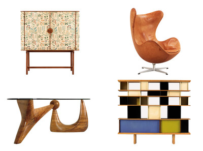 The Barnebys.com report on vintage furniture design at auction features (clockwise from top left): Mahogany cabinet with floral chintz fabric ‘Fatima’ by Josef Frank of Sweden, circa 1937 (sold for $39,000); ‘Egg chair’ by Arne Jacobsen of Denmark for Fritz Hansen 1963 (sold for $5,584); ‘Bibliotheque Maison du Mexique’ by Charlotte Perriand of France, 1953 (sold for $314,557); and ‘The Goodyear Table’,  for A. Conger Goodyear, by Isamu Noguchi in the United States, 1939 (sold for $4.5 million).