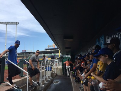Royals outfielder Alex Gordon with youth from RBI (Reviving Baseball in Inner Cities) and YMCA of Kansas City, at Kaufman Stadium, at the P.L.A.Y. clinic and Home Run for Health program, powered by Sun Life Financial.