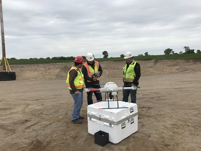 Microdrones training pilot Bradley Booth teaches Frontier Precision’s Jack Wilcox and customer to use a Microdrones mdMapper1000 UAS as part of the mdAcademy training program. Frontier Precision completed aerial mapping and inspection training as well as education on effectively training new users.