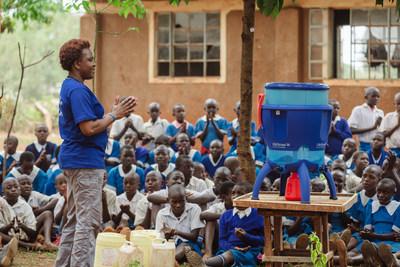 LifeStraw staff teaches students at elementary school in western Kenya about safe water and how to use the LifeStraw Community water purifier to transform contaminated water into safe drinking water.