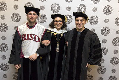 RISD President Rosanne Somerson with Airbnb co-founders and RISD alumni Brian Chesky (right) and Joe Gebbia (left). Chesky and Gebbia both received honorary Doctor of Fine Arts degrees at RISD's 2017 Commencement ceremony, where Chesky addressed the graduating class. Photo: Scott Indermaur
