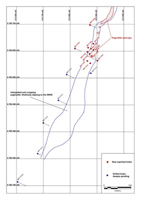 Figure 1: Location of Drilling and Interpreted Trend of Lithium-Bearing Pegmatite, Bergby Project.Grid presented in SWEREF coordinate system. (CNW Group/Leading Edge Materials Corp.)