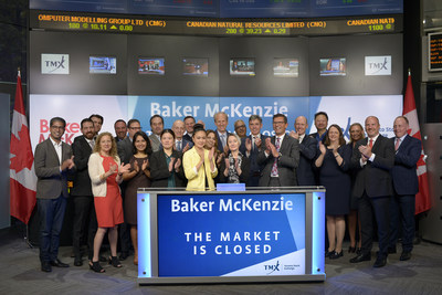 Paul Rawlinson, Global Chair, Baker McKenzie joined Tanya Rowntree, VP, Sales, TSX Trust Company, to close the market. Baker McKenzie is a global law firm, with 77 offices in 47 countries and over 13,000 employees. On June 6, they will launch the Whitespace Legal Collab in its Toronto office, which will allow for face-to-face collaboration between Baker McKenzie lawyers and leaders in business, government, academia and not-for-profits to address complex global challenges at the intersection of business, law and technology. For more information, please visit www.bakermckenzie.com. (CNW Group/TMX Group Limited)