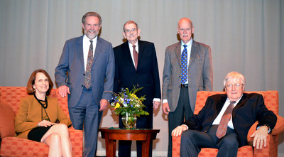 Foulkeways at Gwynedd's '50 & Forward' luncheon and senior living panel discussion. Seated: Katie Sloan Smith, CEO of LeadingAge and Larry Minnix, former CEO of LeadingAge. Standing (left to right): D. Michael Peasley, CEO of Foulkeways; Donald Moon, Former CEO of Foulkeways and Foulkeways resident; Phillip L. Henderson, President of the Board of Directors.