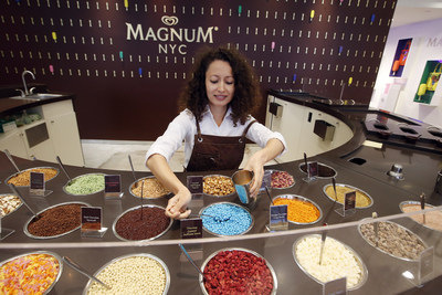 A close-up of the MAGNUM New York “dipping bar” where guests can create custom MAGNUM bars hand-dipped in Belgian chocolate and adorned with three toppings from a selection of 20 premium ingredients including sorbet chocolate pearls, gold crystal candy, rose petals and dried raspberries. MAGNUM New York is located at 875 Washington Street in the city’s Meatpacking District.  (Photo by Jason DeCrow for MAGNUM)
