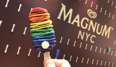 To celebrate LGBTQ Pride Month, MAGNUM has partnered with GLAAD to create a limited-edition MAGNUM Pride bar, available at MAGNUM New York in June. (Photo from MAGNUM)