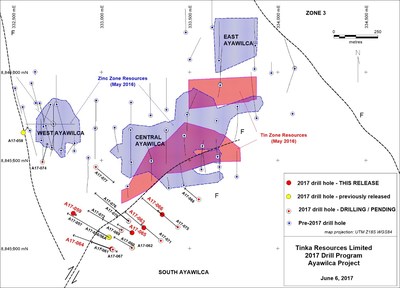 Figure 1.Map of Ayawilca drill holes with existing zinc - tin resources (hatched) (CNW Group/Tinka Resources Limited)