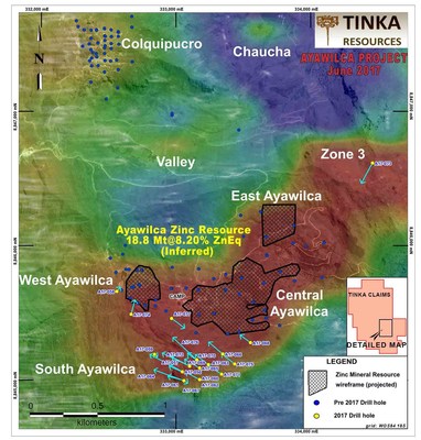 Figure 2.Map of 2017 Ayawilca drill program on airborne RTP magnetics (red = magnetic sources) (CNW Group/Tinka Resources Limited)