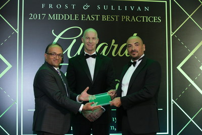 Mr. Malek Sukkar, Chief Executive Officer, Averda receiving the '2017 UAE Waste Management Company of the Year Award - Private Entity' award from Mr. Frank Wouters, Director, EU GCC Clean Energy Network, in the presence of Mr. Abhay Bhargava, Business Head - MENASA, Energy & Environment Practice, Frost & Sullivan