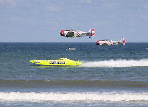A Rare Air-Sea Duel: the GEICO Skytypers Air Show Team Races Miss GEICO at the 2017 Ocean City Air Show