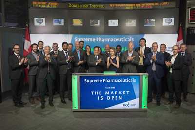 John Fowler, President & CEO, Supreme Pharmaceuticals Inc. (FIRE), joined Brady Fletcher, Managing Director, TSX Venture Exchange, to open the market. Supreme Pharmaceuticals is a cultivator and distributor of sun grown cannabis through its wholly-owned subsidiary 7ACRES. 7ACRES is a federally licensed producer of medical cannabis pursuant to the Access to Cannabis for Medical Purposes Regulations operating inside a 342,000 sq. ft. Hybrid Greenhouse facility. Supreme Pharmaceuticals Inc. commenced trading on TSX Venture Exchange on June 6, 2017. (CNW Group/TMX Group Limited)