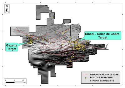 Figure 1: Principal gold target areas defined from positive pan-concentrate samples, over magnetic image. (CNW Group/Meridian Mining S.E.)