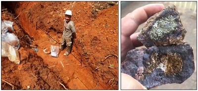 Figure 3: Quartz-pyrite lode structure encountered in trenching adjacent to a hand-dug pit at the Cascavel Target. Channel sampling of the highlighted interval returned 3.8m @ 3.88g/t Au. (CNW Group/Meridian Mining S.E.)