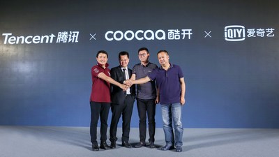 Group photo for Zhao Gang, general manager of the Living Room Product Department at Tencent (first from left), Lin Jing, CEO of COOCAA (second from left), Wang Zhiguo, chairman of COOCAA (second from right) and Duan Youqiao, senior vice president at iQIYI (first from right), at the press conference
