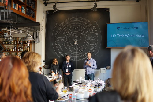 Culture Amp CEO Didier Elzinga announces the closing of Culture Amp's $20 Million Series C round at the company's event at the HR Tech conference in San Francisco.