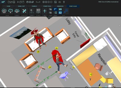 Crie diagramas 3D precisos de cenas de crime interiores e exteriores completas com evidências, órgãos colocados e salpicos de sangue