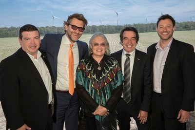 From left to right: Matt Jamieson, President and Chief Executive Officer of the Six Nations of the Grand River Development Corporation, Michael Weismann, Executive Vice President of ENERCON Canada, Ava Hill, Chief of the Six Nations Council, Patrick Lemaire, President and Chief Executive Officer of Boralex, and Adam Rosso, Director of Development of Ontario at Boralex. (CNW Group/Boralex Inc.)
