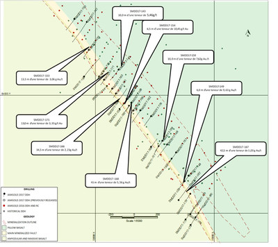 Figure 1 : Carte des trous de forage et principaux rsultats d'analyse de 2017 de Saramacca (Groupe CNW/IAMGOLD Corporation)