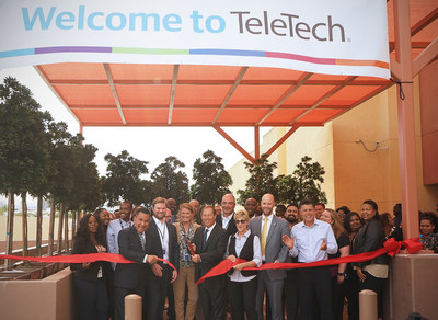 More than 100 community leaders and TeleTech associates took part in the TeleTech Las Vegas Grand Opening event, which included Clark County Commissioner Chris Giunchigliani, Las Vegas Global Economic Alliance President Jonas R. Peterson  and TeleTech Chief Operating Officer Martin DeGhetto, pictured here cutting the ribbon to kick off the center opening.