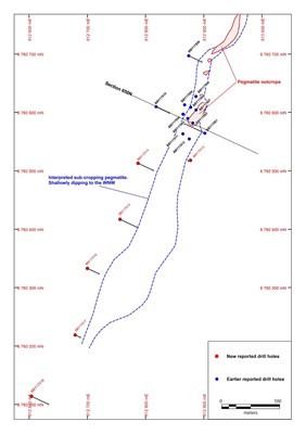 Figure 1: Location of Drilling and Interpreted Trend of Lithium-Bearing Pegmatite, Bergby Project.Grid presented in SWEREF coordinate system. (CNW Group/Leading Edge Materials)