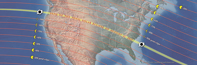 On Monday, August 21, 2017, a spectacular total eclipse of the Sun will be visible, weather permitting, within a roughly 70-mile-wide swath (shown in yellow) of the continental U.S. from Oregon to South Carolina. Outside of this path, the rest of the country will have a deep partial solar eclipse, as noted by the lines showing the percentage of the Sun's bright face that will be covered by the Moon at maximum eclipse. Credit: Michael Zeiler / GreatAmericanEclipse.com