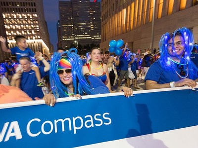 BBVA Compass is sponsoring the Houston Pride Parade for the fifth year in a row, putting its signature blue colors atop the main festival entrance this weekend in a show of support for one of the nation’s largest Pride Celebrations.