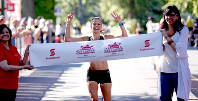 Lyndsay Tessier of Toronto, Ontario, is the first female finisher at the Scotiabank Vancouver Half-Marathon with a time of 01:17:00. Photo by Inge Johnson of Canada Running Series. (CNW Group/Scotiabank)