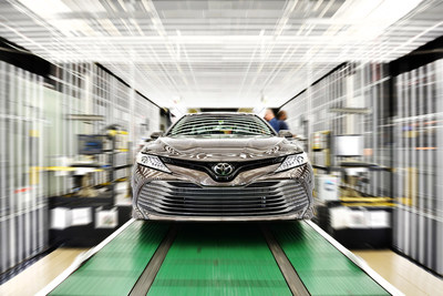One of the first 2018 Toyota Camry vehicles produced at Toyota Motor Manufacturing, Kentucky, Inc., (TMMK) rolls off the production line in June 2018. The new Camry will be available in five grades: L, LE, XLE, SE and XSE. Vehicles will begin arriving at dealers in late summer.