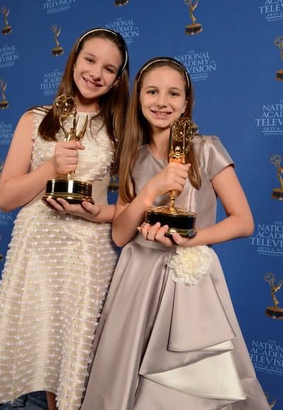 Hadley Robertson and Delaney Robertson, co-hosts of the Twice As Good Show on PBS, accept Emmys at the 40th Annual National Academy of Television Arts and Sciences Boston/New England Regional Emmy Awards Ceremony on June 24, 2017.  ©Eric_Antoniou