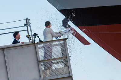 Ship sponsor Sharla D. Tester breaks a bottle of champagne across the bow during the christening ceremony for the nation’s 15th Littoral Combat Ship, the future USS Billings, at the Fincantieri Marinette Marine shipyard on July 1.