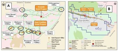 Figure 2 - East Cadillac and Kinebik Gold Project Locations (A) and detailed East Cadillac Property and Geology Map (B) (CNW Group/Chalice Gold Mines Limited)