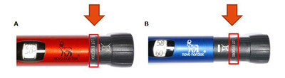 Figure 1. Les flches indiquent l'endroit o se trouve le numro de lot A) sur un stylo NovoPen Echo et B) sur un stylo NovoPen 5. Par exemple, le numro de lot sur le stylo NovoPen Echo  gauche est FVG7364. (Groupe CNW/Novo Nordisk Canada Inc.)