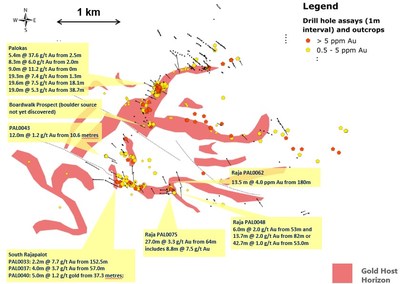 Figure 1: Plan view of the Rajapalot area (Kairamaat 2-3 lease area) showing gold host horizon and gold distribution found in diamond drill holes and outcrop (CNW Group/Mawson Resources Ltd.)