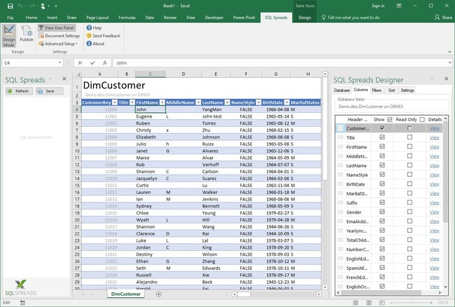 This image shows the SQL Spreads Excel Add-In