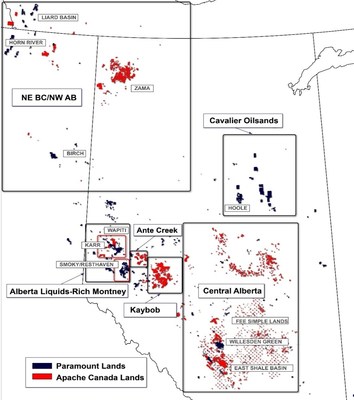 Apache Canada’s primary developments are located at Wapiti, Kaybob/Ante Creek and Central Alberta. * Note: Apache Canada landholding information provided by Apache Canada. (CNW Group/Paramount Resources Ltd.)