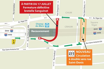 Recouvrement de l'autoroute 720 (Ville-Marie) à Montréal - Fermeture définitive de la bretelle menant de l'autoroute 720 en direction est vers la rue Sanguinet