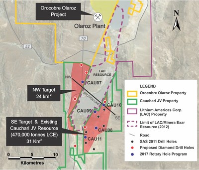 Figure 1: Location of the Cauchari drill holes. The black line marks the section line shown in Figure 2 (CNW Group/Advantage Lithium Corp)