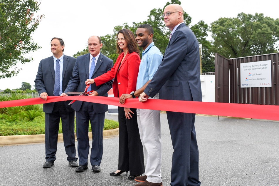 Gulf Power and Southern Company executives and experts hosted a commissioning and ribbon-cutting ceremony for the opening of the McCrary Battery Energy Storage Demonstration. (l-r) Steve Baxley, Southern Company Research and Development; Stan Connally, Gulf Power Chairman, President, and CEO; Kim Greene, Chief Operating Officer, Southern Company; Carl Jackson, Research and Development research engineer at Southern Company; and Wendell Smith, Gulf Power Vice President, Customer Service and Sales.