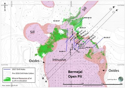 Figure 1: Plan View Map of Bermejal Area Showing Geology, Drill Holes Reported and Outline of Bermejal Underground Resource at 1,175 m elevation (CNW Group/Leagold Mining Corporation)