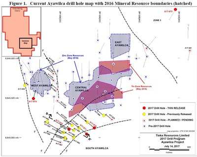 Figure 1. Current Ayawilca drill hole map with 2016 Mineral Resource boundaries (hatched) (CNW Group/Tinka Resources Limited)