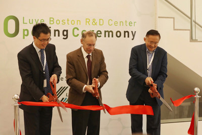 The Boston R&D Center ribbon-cutting ceremony. From the left, Dr. Youxin Li, Prof. Robert S. Langer and Prof. Guangping Gao.