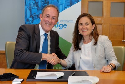 Richard Northcote, chief sustainability officer at Covestro and Alzbeta Klein, director and global head for IFC’s climate business agree to promote IFC’s EDGE, a green building software, standard and certification system for emerging markets. The agreement was signed in Washington, D.C.
