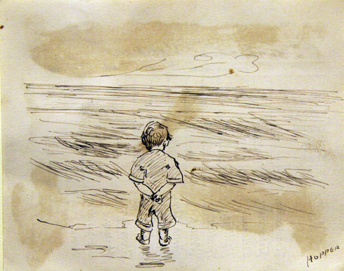 This image was drawn on the back of Edward Hopper’s third grade report card dated October 23, 1891, when Hopper was nine years old. Edward Hopper (1882-1967), Little Boy Looking at the Sea, n.d., ink on paper, 4.5 x 3.5 in. The Arthayer R. Sanborn Hopper Collection Trust