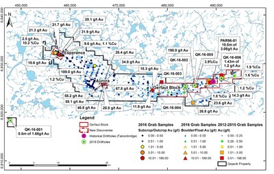 Fig. 1: Map of Qiqavik Property Showing Significant Prior Gold and Copper Exploration Results (See RNC news release dated September 19, 2016 available at www.rncminerals.com) (CNW Group/RNC Minerals)