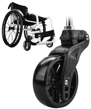 Wheelchair Casters That Function Like Airplane Landing Gear to Provide a Smoother Ride Adopt Long Carbon Fiber Composites to Reduce Weight